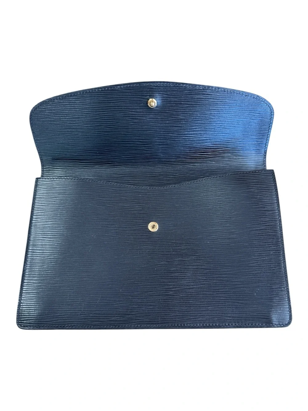 Louis Vuitton VTG Classic Black Leather Clutch Gold LV Button + Dust Bag 10x7”